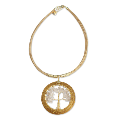 Gold plated quartz and golden grass statement necklace, 'Ethereal Tree' - Quartz Tree and Golden Grass Circular Statement Necklace