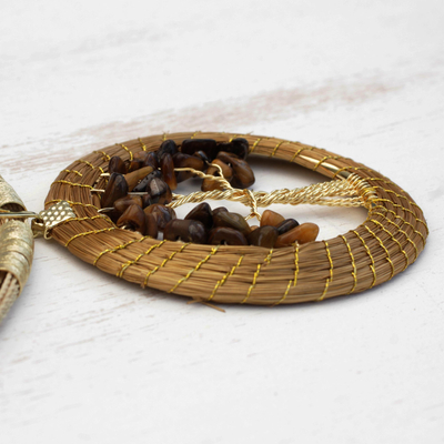 Gold plated tiger's eye and golden grass statement necklace, 'Harvest Tree' - Tiger's Eye and Golden Grass Tree Statement Necklace