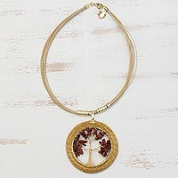 Gold plated sunstone and golden grass statement necklace, 'Autumn Foliage' - Sunstone Tree and Golden Grass Circular Statement Necklace
