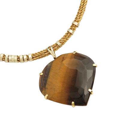 Auffällige Halskette mit vergoldetem Tigerauge und goldenem Gras, 'Smolder' - Halskette aus goldenem Grasschnur mit Tigerauge-Anhänger