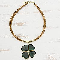Gold plated quartz and golden grass statement necklace, 'Fortune Found' - Green Quartz Clover Pendant with Golden Grass Cord Necklace