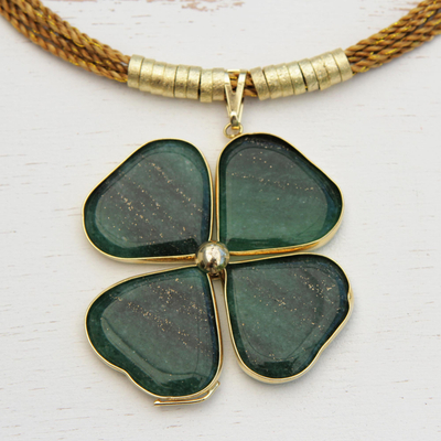 Gold plated quartz and golden grass statement necklace, 'Fortune Found' - Green Quartz Clover Pendant with Golden Grass Cord Necklace