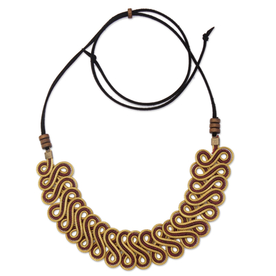 Gold plated golden grass pendant necklace, 'Winding Vine' - Golden Grass Statement Necklace with Adjustable Cord