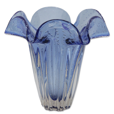 Decorative art glass vase, 'Brazilian Bloom' - Brazilian Handmade Blue Murano Style Scalloped Glass Vase