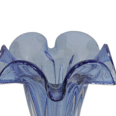 Decorative art glass vase, 'Brazilian Bloom' - Brazilian Handmade Blue Murano Style Scalloped Glass Vase