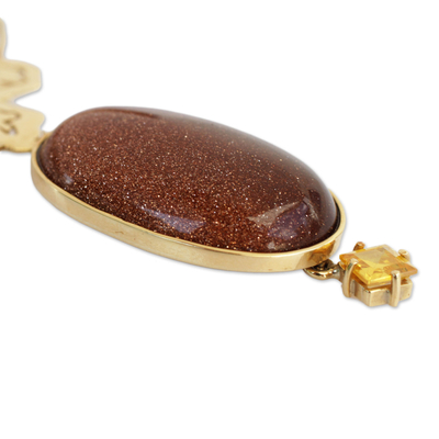 Collar colgante de oro y piedra de sol - Collar con colgante de piedra solar y motivo floral con detalles en oro de 18 quilates
