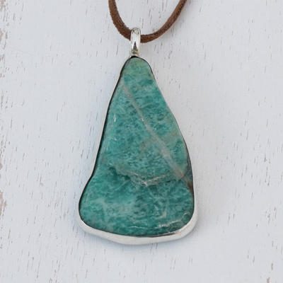 Amazonite pendant necklace, 'Sea Drop' - Amazonite Pendant Necklace with Long Leather Cord