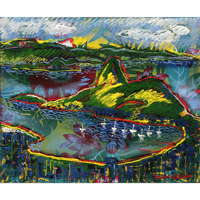 'Sugarloaf Hill in Green' - Signed Expressionist Painting of Sugarloaf Hill from Brazil