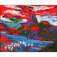 'Sugarloaf Hill in Red' - Expressionist Painting of Sugarloaf Hill in Red from Brazil