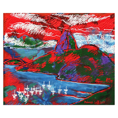 'Sugarloaf Hill in Red' - Expressionist Painting of Sugarloaf Hill in Red from Brazil