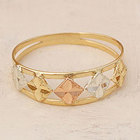 Tri-color gold band ring, 'Five Stars' - Square Motif 10k Gold Band Ring from Brazil