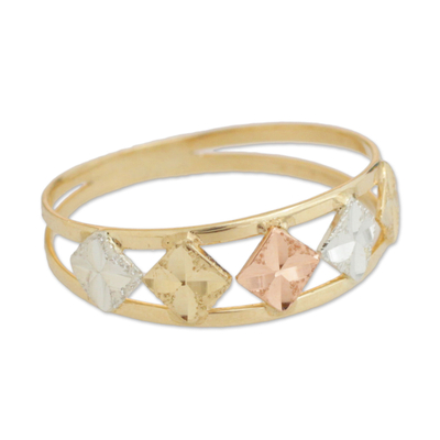 Tri-color gold band ring, 'Five Stars' - Square Motif 10k Gold Band Ring from Brazil