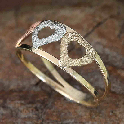Gold band ring, 'Tricolor Hearts' - Heart Motif 10k Gold Band Ring from Brazil