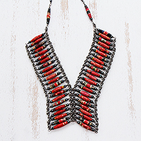 Recycled paper and hematite statement necklace, 'Tribal Links'