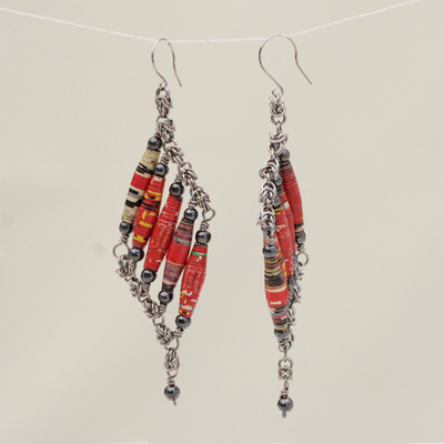 Recycled paper and hematite dangle earrings, 'Tribal Links' - Recycled Paper and Hematite Dangle Earrings from Brazil
