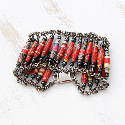 Recycled paper and hematite link bracelet, 'Tribal Links' - Recycled Paper and Hematite Link Bracelet from Brazil