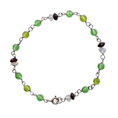 Quartz and garnet link bracelet, 'Delicate Garland' - Green Quartz Garnet and Sterling Silver Link Bracelet