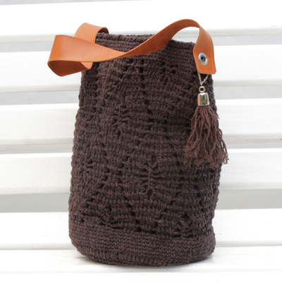 Cotton bucket bag, 'Diamond Crochet in Espresso' - Crocheted Cotton Bucket Bag in Espresso from Brazil
