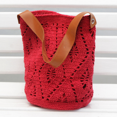 Cotton bucket bag, 'Diamond Crochet in Crimson' - Crocheted Cotton Bucket Bag in Crimson from Brazil