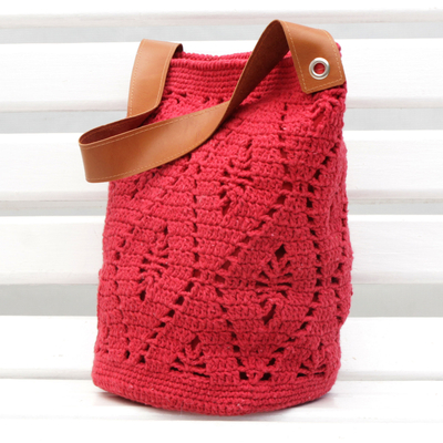 Cotton bucket bag, 'Diamond Crochet in Crimson' - Crocheted Cotton Bucket Bag in Crimson from Brazil