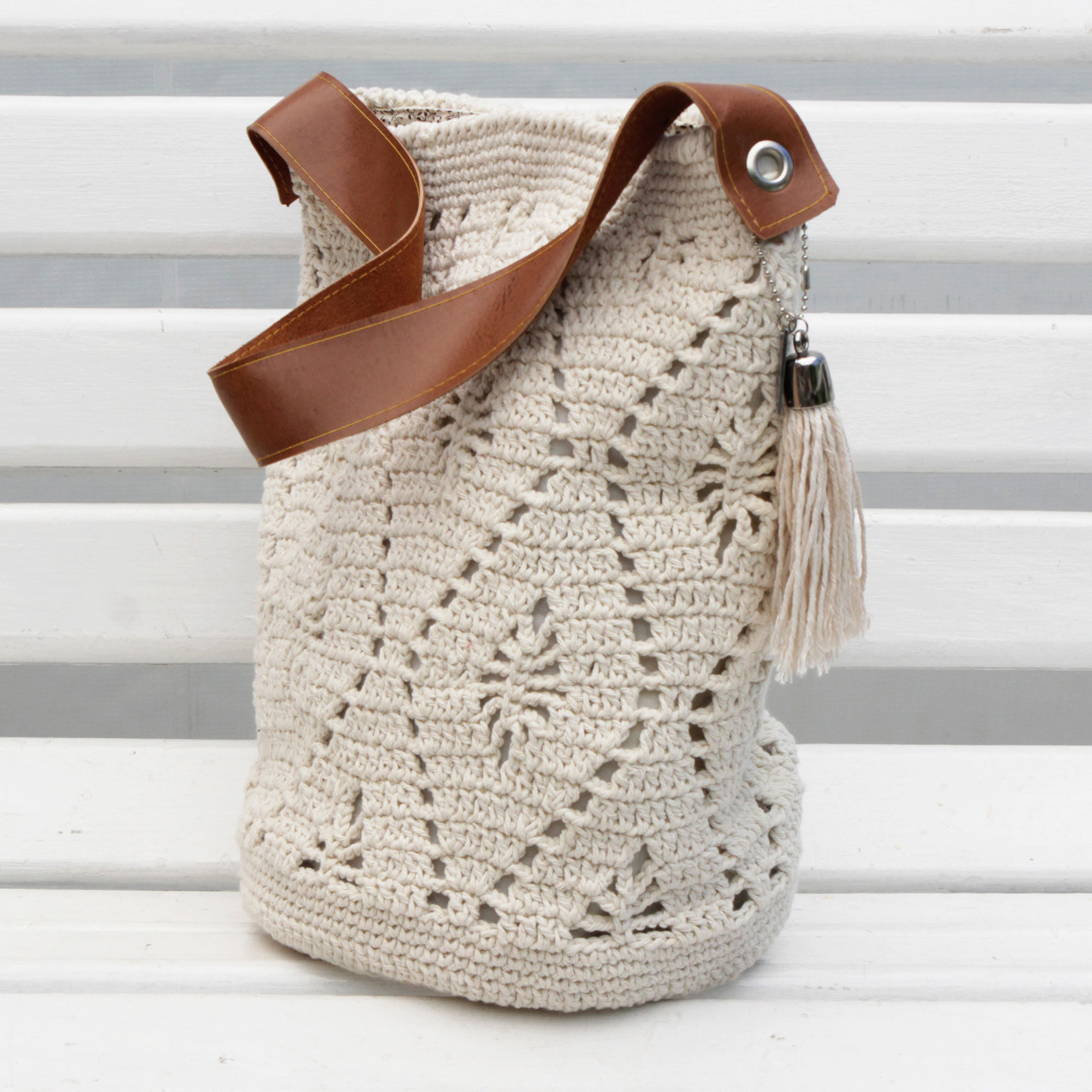 Crocheted Cotton Bucket Bag in Ivory from Brazil Diamond Crochet in