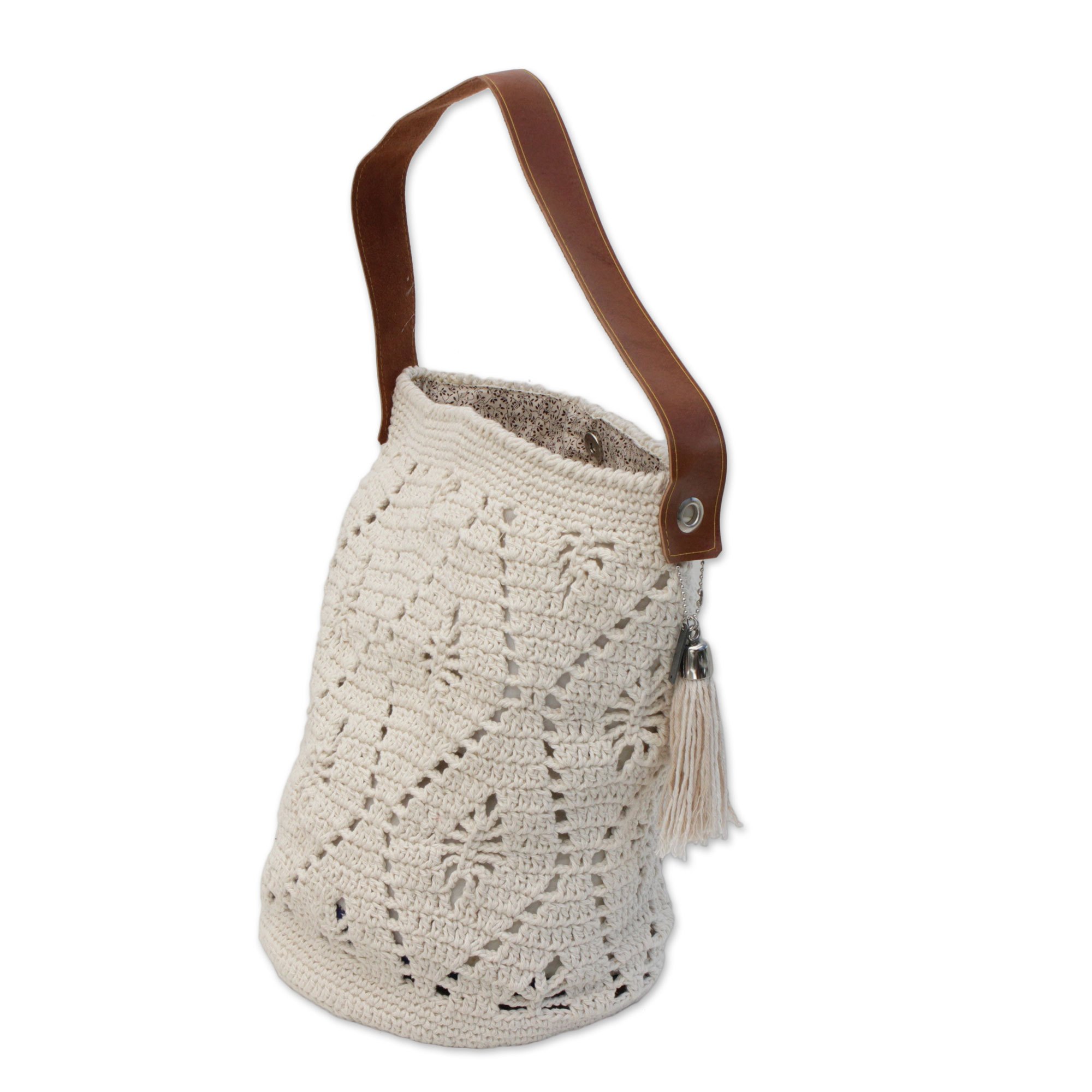 Crocheted Cotton Bucket Bag in Ivory from Brazil Diamond Crochet in