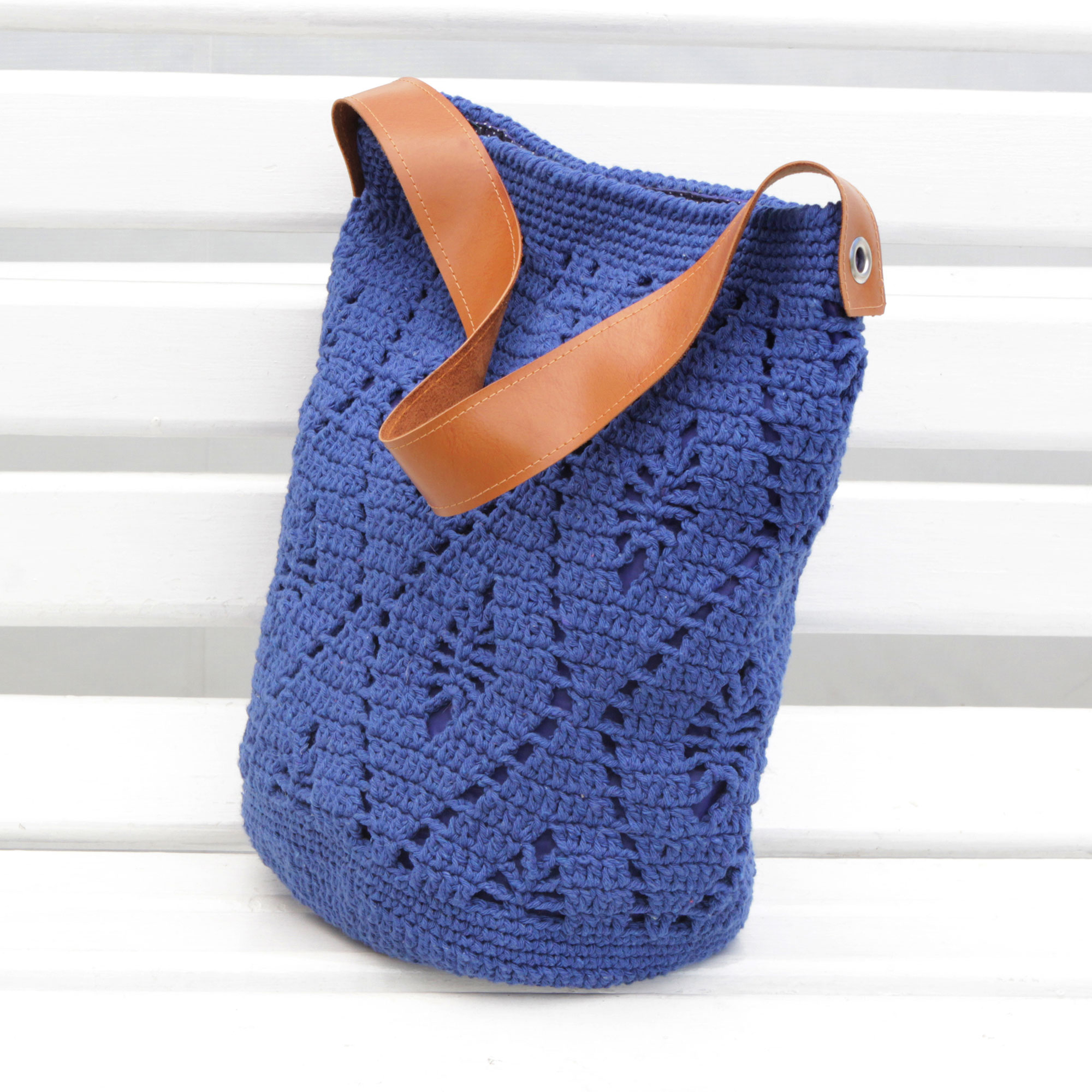 Crocheted Cotton Bucket Bag in Indigo from Brazil - Diamond