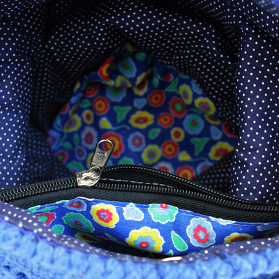 Cotton bucket bag, 'Diamond Crochet in Indigo' - Crocheted Cotton Bucket Bag in Indigo from Brazil