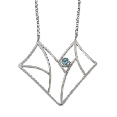 Blue topaz pendant necklace, 'Abstract Butterfly' - Blue Topaz 950 Silver Butterfly Pendant Necklace