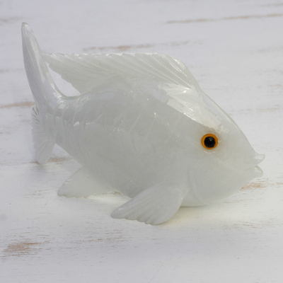 Calcite statuette, 'Pure Fish' - Artisan Crafted White Calcite Fish Statuette from Brazil