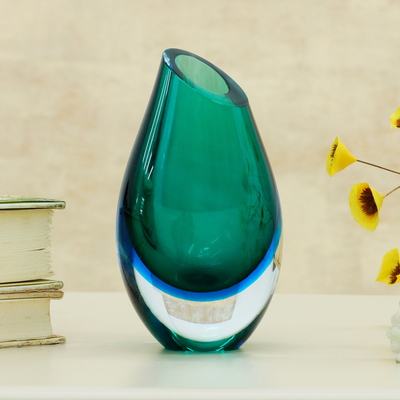 Dekorative Vase aus Kunstglas, 'Wave's Tear' - Blau-grüne Murano-inspirierte Kunstglas-Dekorvase
