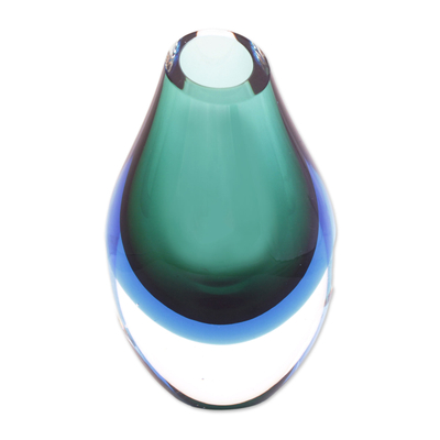 Handblown art glass vase, 'Wave's Tear' - Blue-Green Murano-Inspired Handblown Art Glass Vase