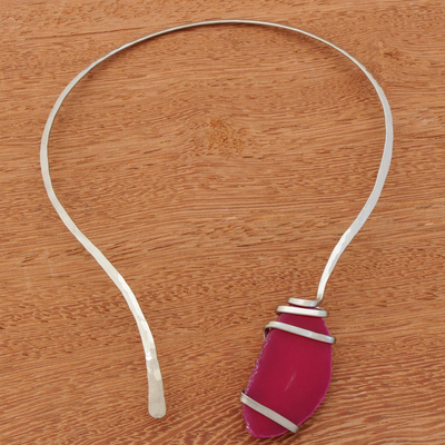 Agate collar necklace, 'Sunrise's Magnitude' - Pink Agate and Stainless Steel Collar Necklace