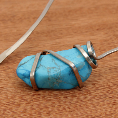 Howlite collar necklace, 'Afternoon Sky's Magnitude' - Blue Howlite and Stainless Steel Collar Necklace