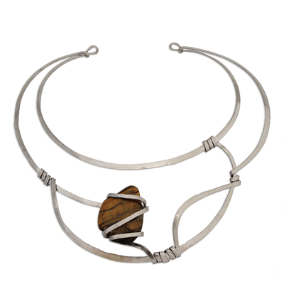 Tiger's Eye and Stainless Steel Collar Necklace - Queen's Eye | NOVICA