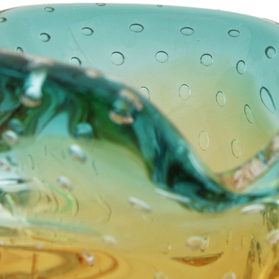 Art glass vase, 'Spiraling Twister' - Hand Blown Amber and Green Art Glass Vase from Brazil