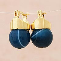 Gold plated agate drop earrings, 'Cloud Kissed Acorn' - Gold-Plated Blue Agate Drop Earrings from Brazil