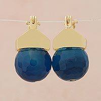 Gold plated agate drop earrings, 'Azure Acorn' - 18k Gold-Plated Azure Agate Drop Earrings from Brazil