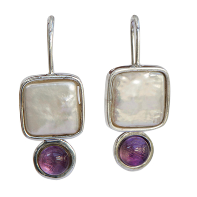 Amethyst and cultured pearl drop earrings, 'Grandeur' - Amethyst and Cultured Pearl Drop Earrings from Brazil