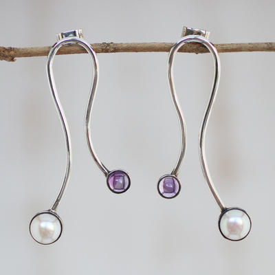 Amethyst and cultured pearl drop earrings, 'Effortless Allure' - Amethyst and Cultured Pearl Drop Earrings from Brazil