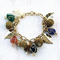 Gold-plated golden grass and agate charm bracelet, 'In Luck'