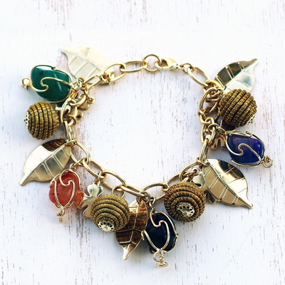 Gold-plated golden grass and agate charm bracelet, 'In Luck' - Gold Plated Charm Bracelet with Agates and Golden Grass