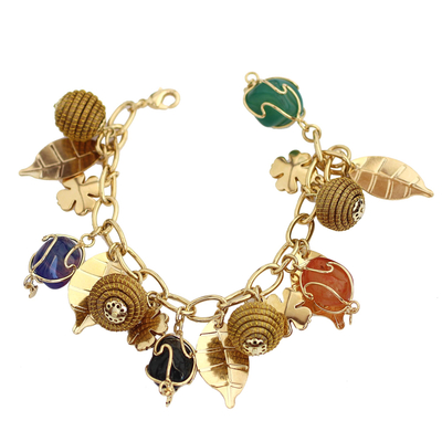 Gold-plated golden grass and agate charm bracelet, 'In Luck' - Gold Plated Charm Bracelet with Agates and Golden Grass
