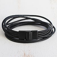 Men's leather wrap bracelet, 'Tenacious' - Handcrafted Men's Black Leather Five Cord Wrap Bracelet