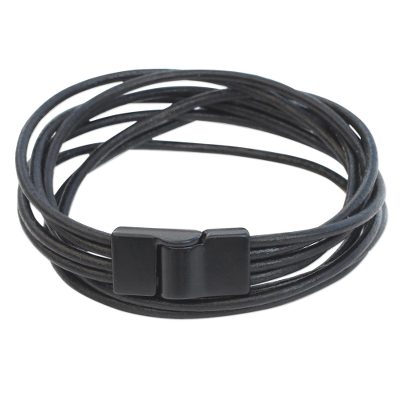 Men's leather wrap bracelet, 'Tenacious' - Handcrafted Men's Black Leather Five Cord Wrap Bracelet