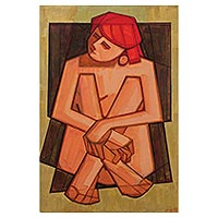 'Nude' - Original Signed Cubist Style Painting of a Young Nude Woman