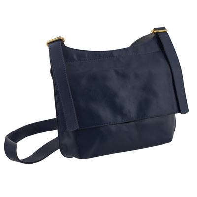 Leather messenger sling bag, 'Rio Adventure in Navy' - Handcrafted Brazilian Leather Sling Bag in Navy Blue