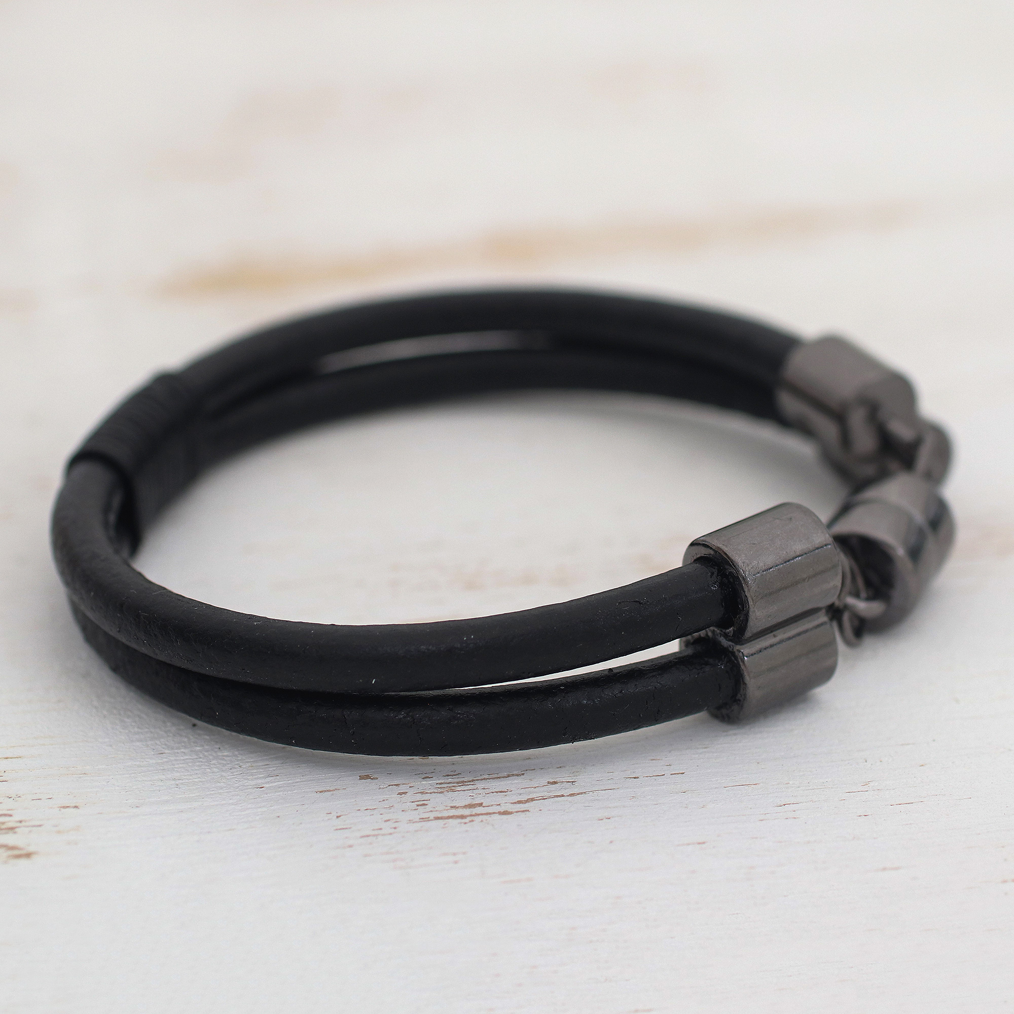 Leather Wristband Bracelet Crafted in Brazil - Graphite Elegance | NOVICA