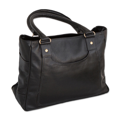 Leather shoulder bag, 'Successful Venture' - Handcrafted Black Leather Shoulder Bag from Brazil