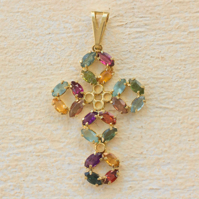 Gold plated cross pendant, 'Glory on High' - Colorful Cubic Zirconia and Gold Plated Brass Cross Pendant